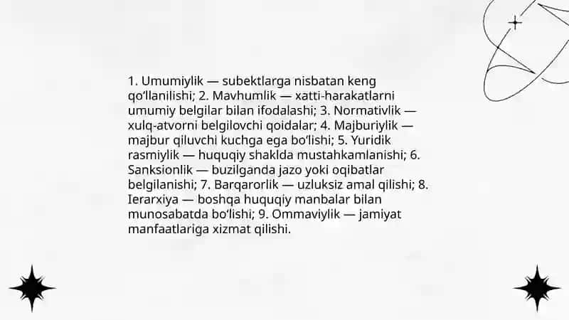 Huquq normalari tushunchasi belgilari 4