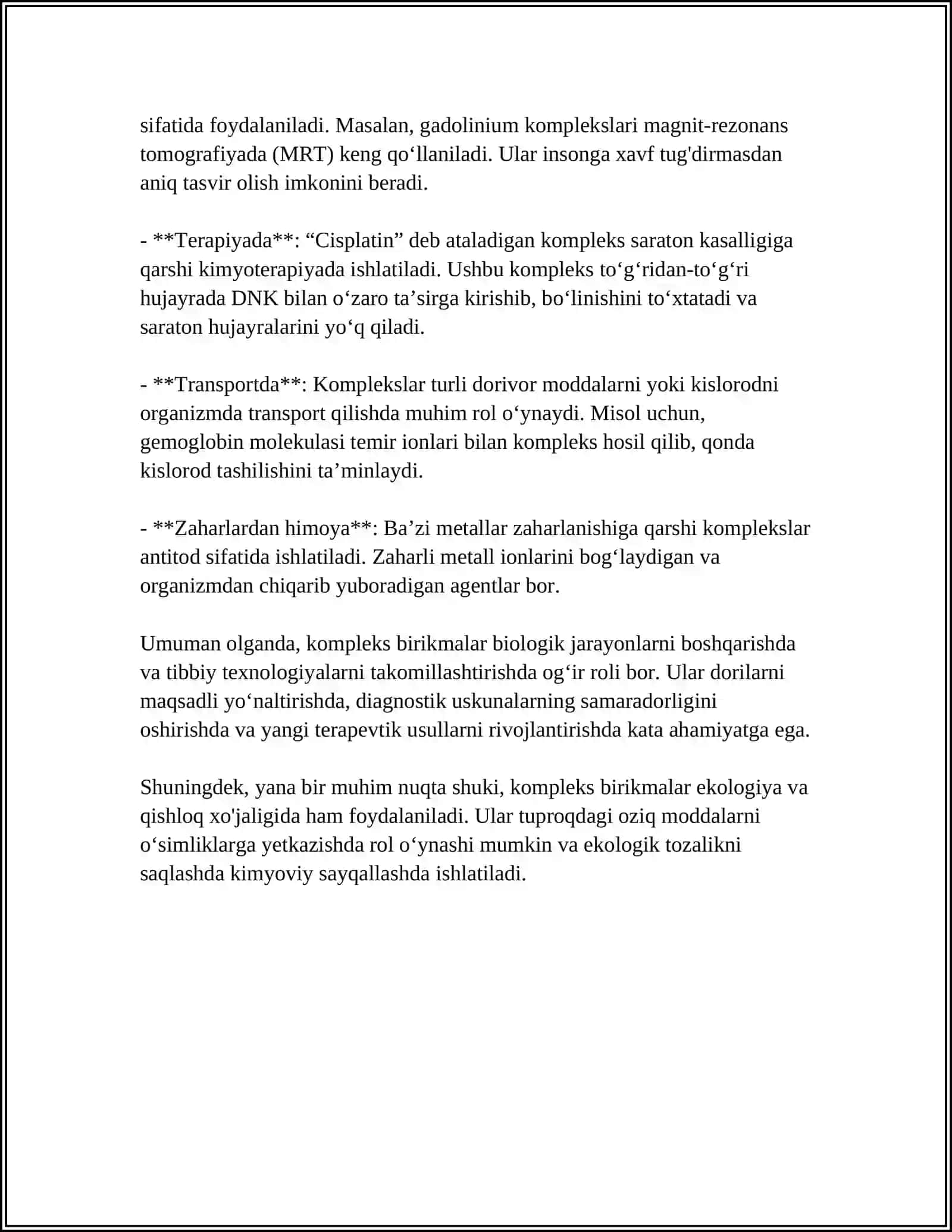 KOMPLEKS BIRIKMALAR ULARNING TIBBIYOTDAGI AHAMIYATI 4