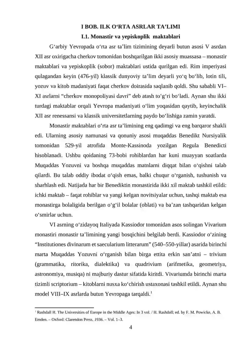 Oʻrta asrlarda taʼlim tizimi va Universitetlarning shakillanishi. 4