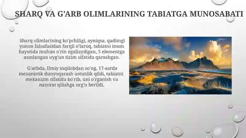 Sharq va Gʻarb olimlarining tabiat va inson hayotidagi oʻrni haqida qarashlari 4