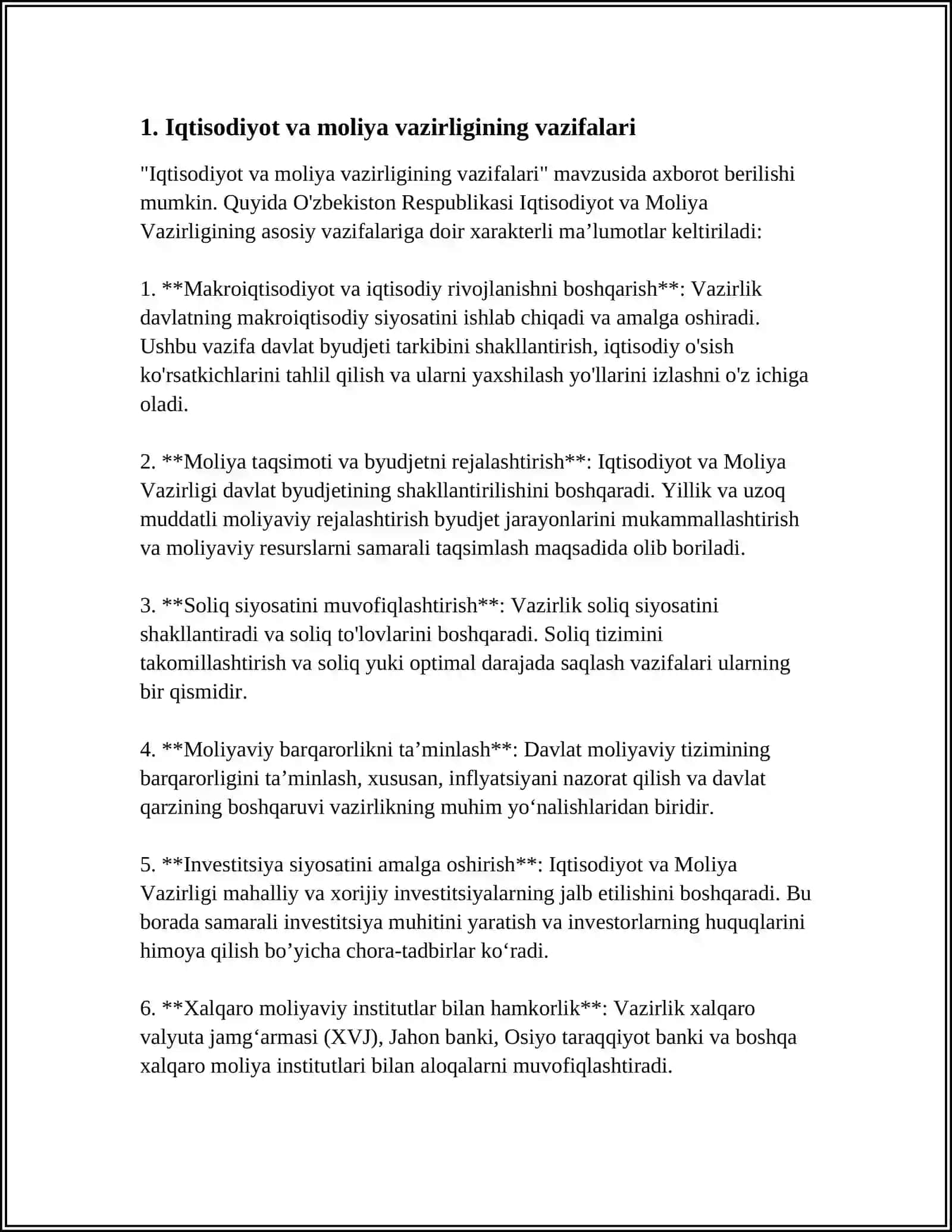 IQTISODIYOT VA MOLIYA VAZIRLIGI XAQIDA MUSTAQIL ISH 4