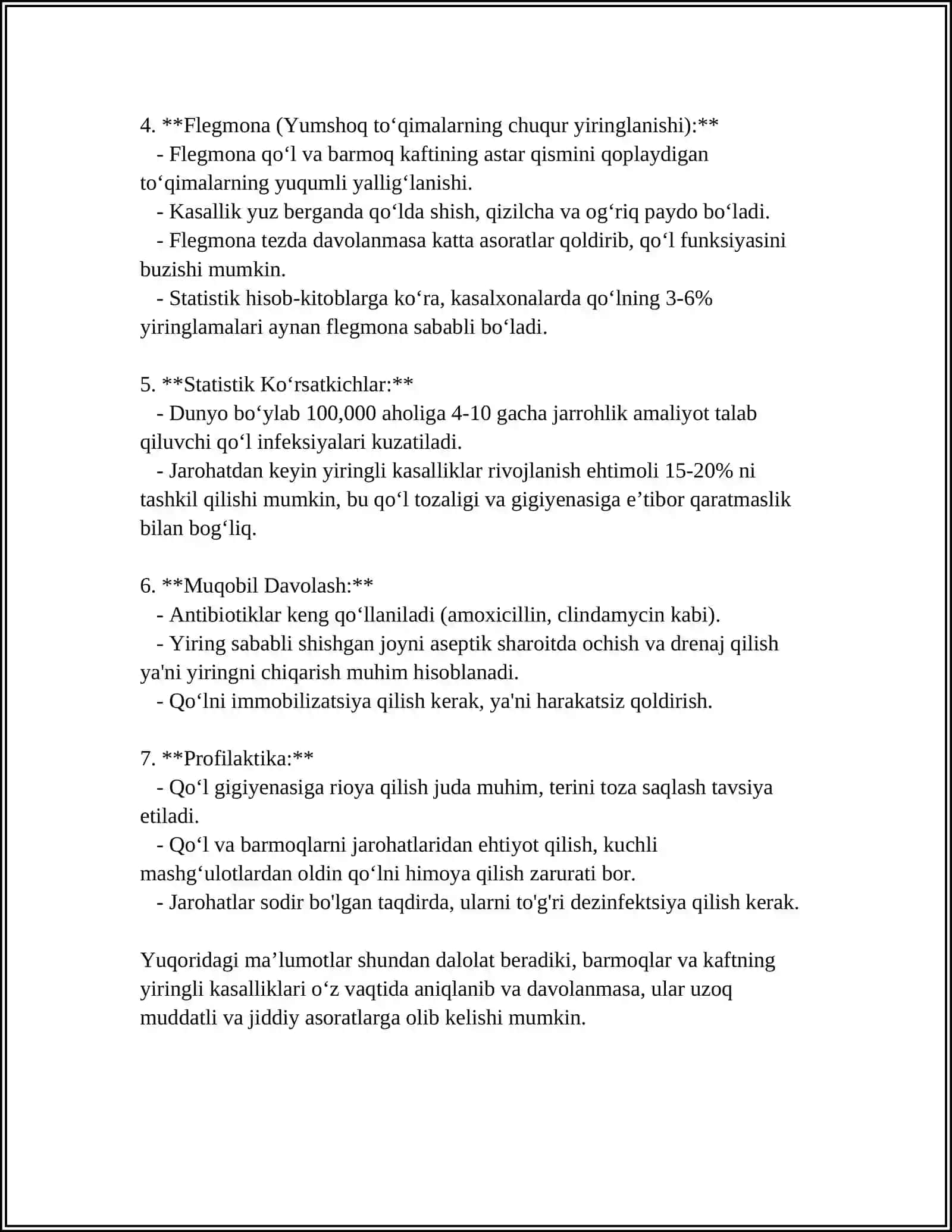 BARMOQ VA KAFTNING OʻTKIR YIRINGLI KASALLIKLARI. OYOQ VA KAFT FLEGMONLARINING BOSHQA YIRINGLI KASALLIKLARGA NISBATAN OʻZIGA XOSLIGI 4