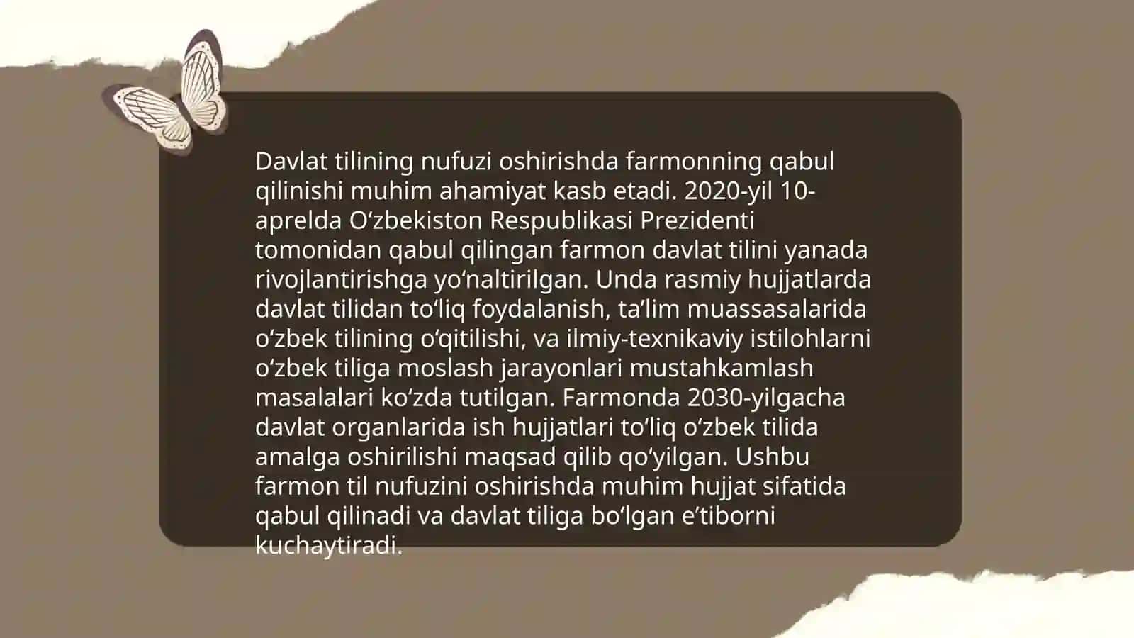 O'zbek tilining davlat tili sifatidagi nufuzi va mavqeyini tubdan oshirish chora-tadbirlari 4
