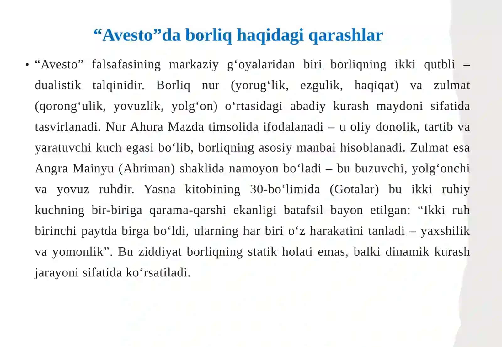 Avesto daborliq, ezgulik va yovuzlikning falsafiy talqini 4