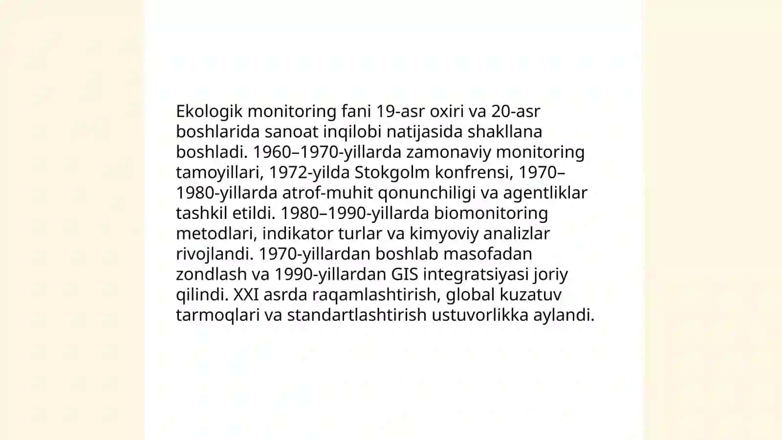Ekologik monitoring ilmiy asoslari va faning shakillanishi maqsadi va vazifalari. Biomonitoring usullari mezonlari va baxolash usullari 4