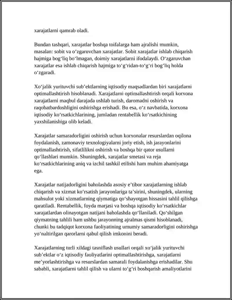 XOʻJALIK YURITUVCHI SUBʼEKTLARNING XARAJATLARI, ASOSIY MAʼNOSI, KLASSIFIKATSIYALANISHI VA NATIJALARNING BAHOLANISHI 4