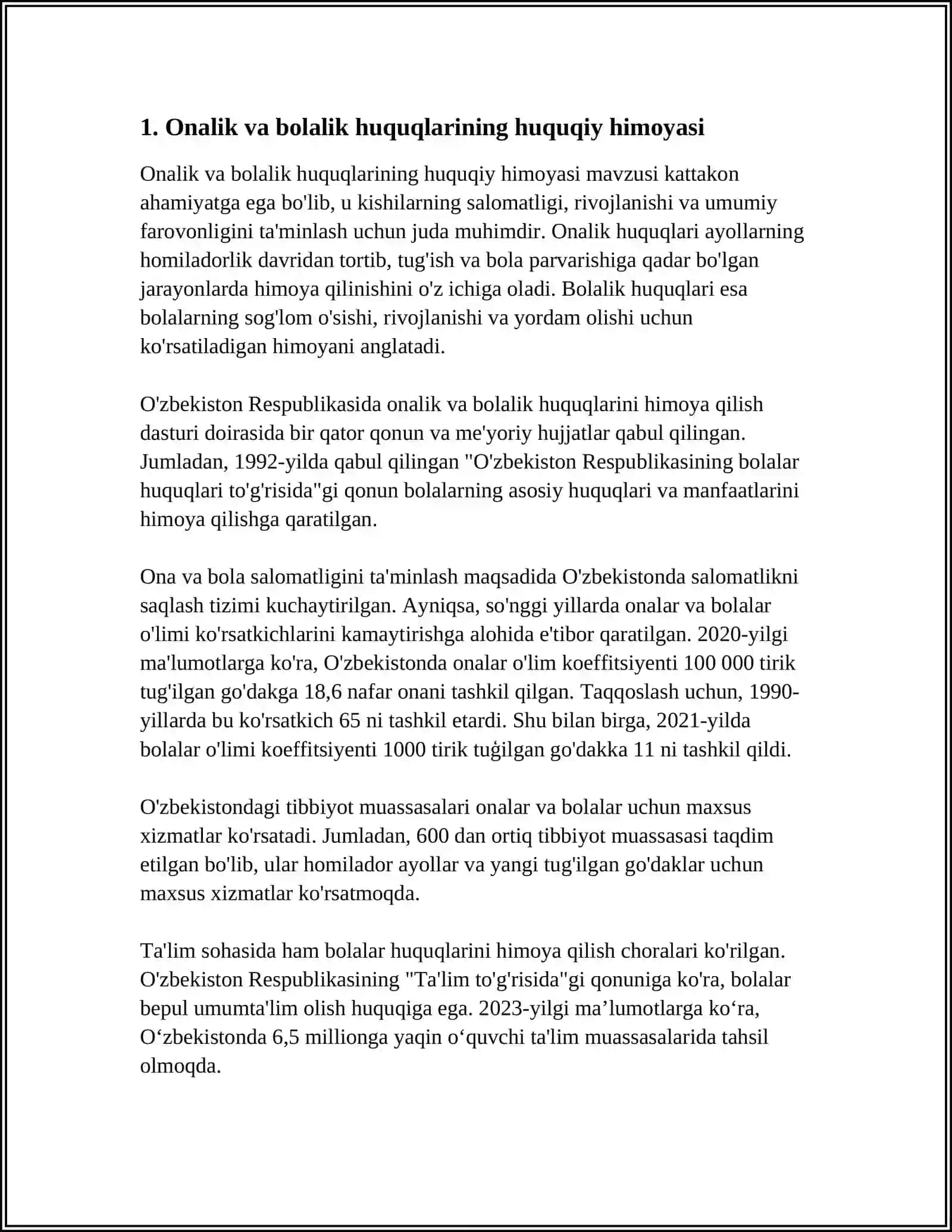 YANGI O‘ZBEKISTONDA ONALIK VA BOLALIK HAQ-HUQUQLARINI HIMOYA QILINISHI 4