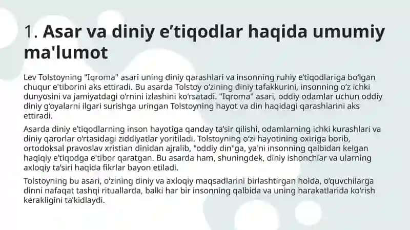 Lev Tolstoyning "Iqroma" asarida diniy e’tiqodlar tahlili. 4