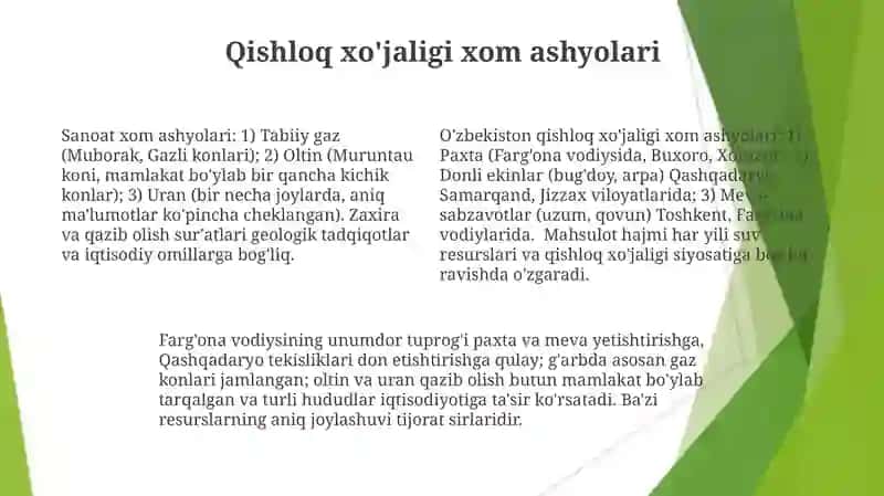 O'zbekiston sanoatining xom ashyo manbayi va uni joylashishi 4