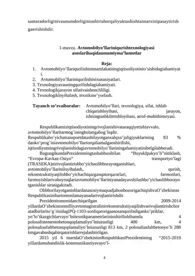 Avtomobil yo’llari, ko`priklar, tonnellar, yo`l o`tkazgichlar va aerodromlarni loyihalash va qurish 4