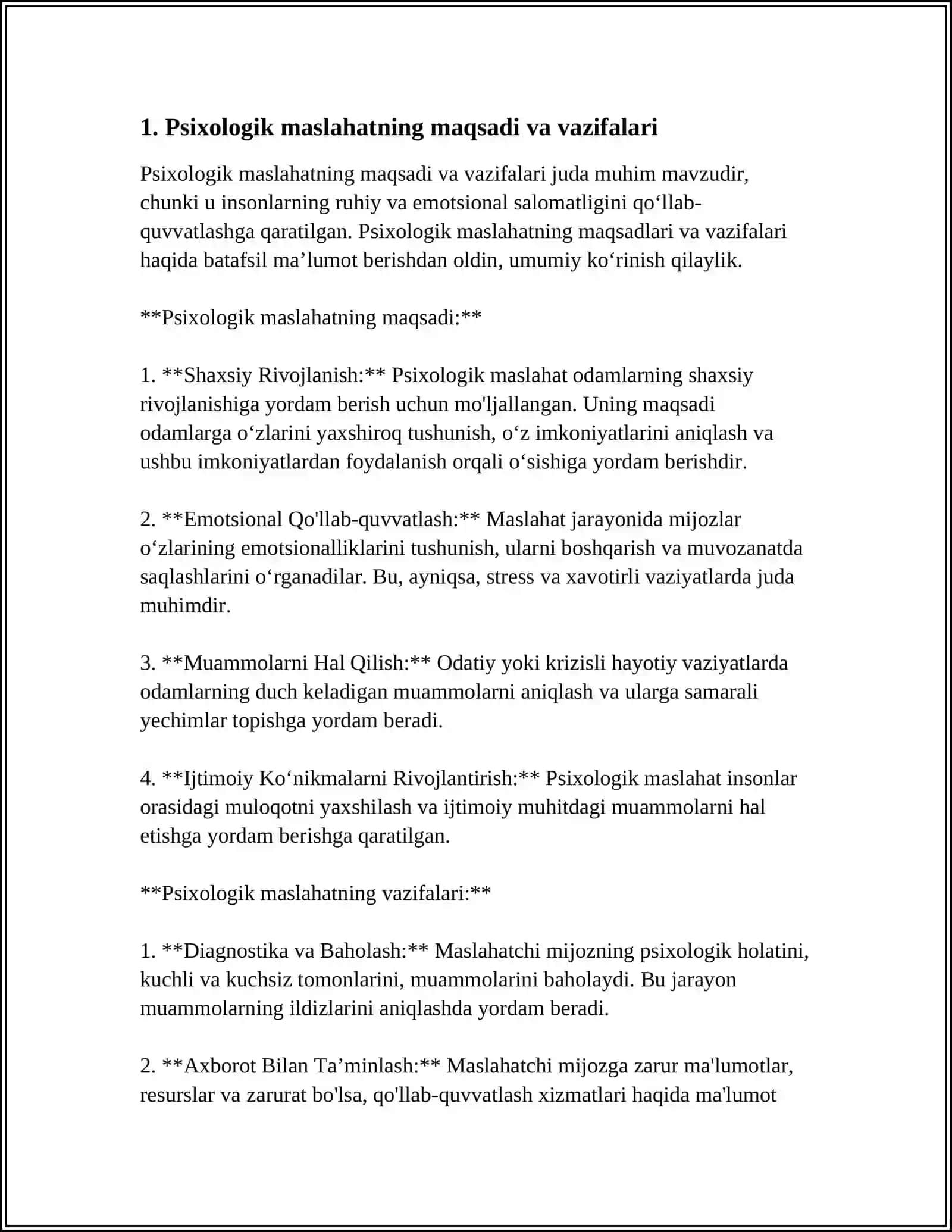 PSIXOLOGIK KONSULTATSIYA VA PSIXOKORREKSIYANING ASOSIY YOʻNALISHLARI TUSHUNCHALARI VA PREDMETI REJALASHTIRISH ESLATMALARI 4