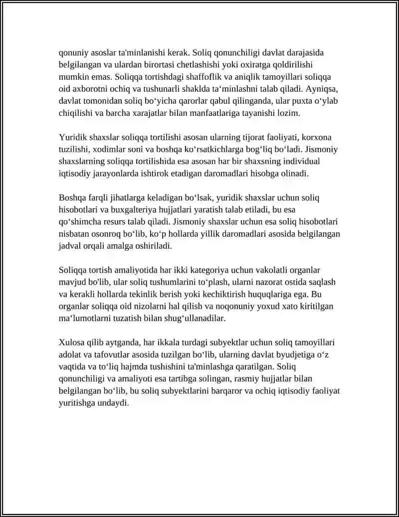 YURIDIK VA JISMONIY SHAXSLARNI SOLIQQA TORTISHNI OʻZIGA XOS O'XSHASHLIK HAMDA FARQLI JIHATLARI 4
