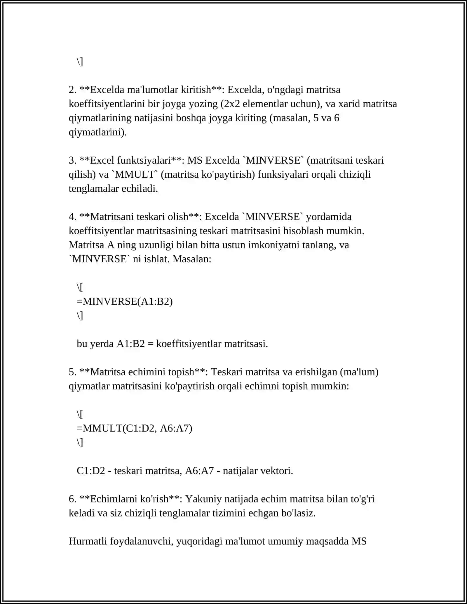 MS EXCEL DASTURI ELEKTRON JADVALIDA CHIZIQLI ALGEBRAIK TENGLAMALAR SISTEMASINI YECHISH 4