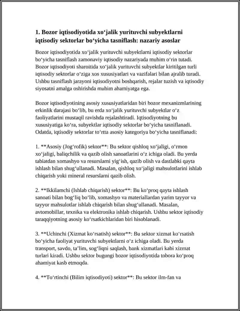 BOZOR IQTISODIYOTIDA XOʻJALIK YURITUVCHI SUBYEKTLARNI IQTISODIY SEKTORLER VA TARMOQLAR BOʻYICHA TASNIFLASH 4
