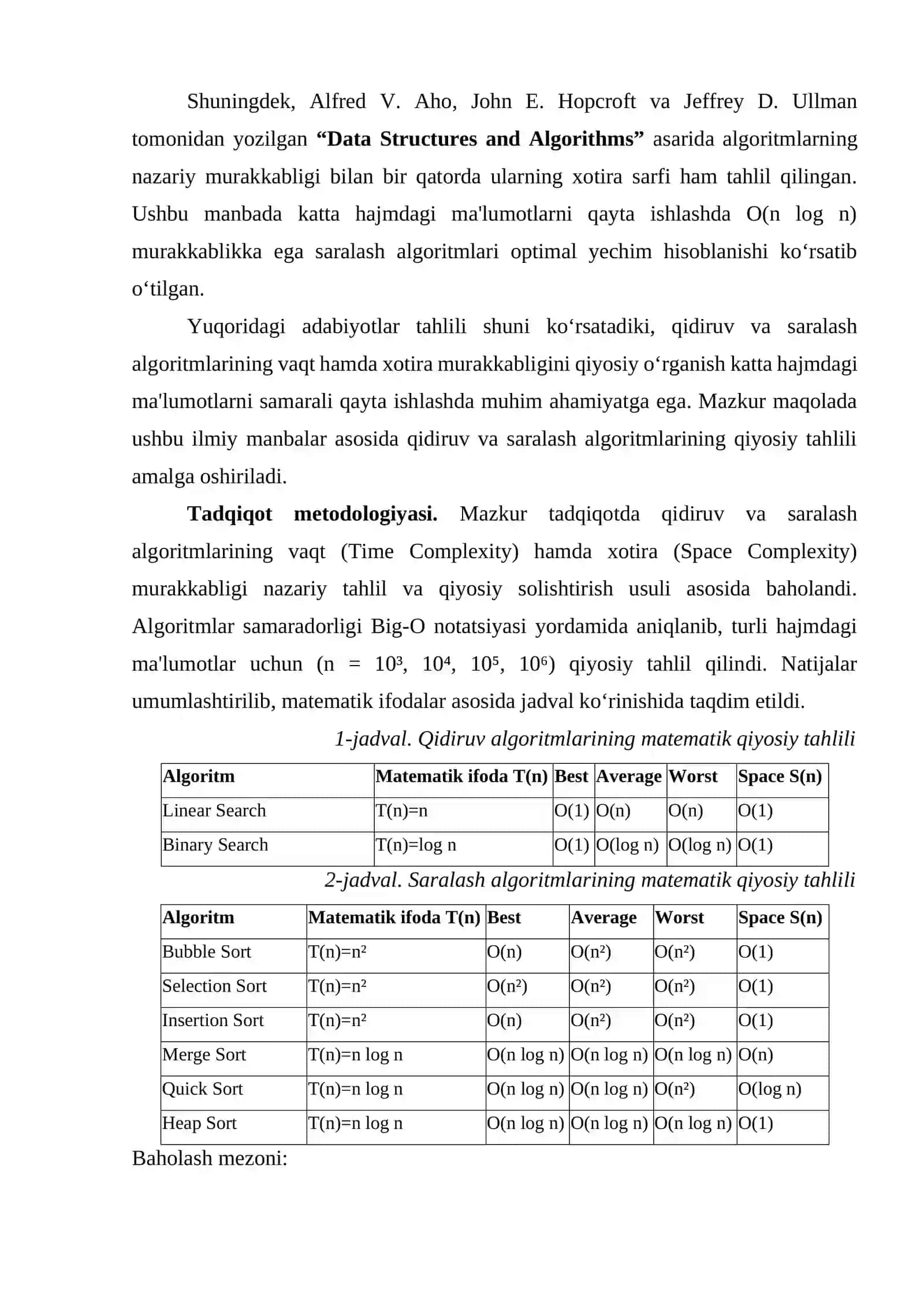 Katta hajmdagi ma'lumotlarni qayta ishlashda qidiruv va saralash algoritmalarining vaqt va xotira murakkabliginining qiyosiy tahlili 4