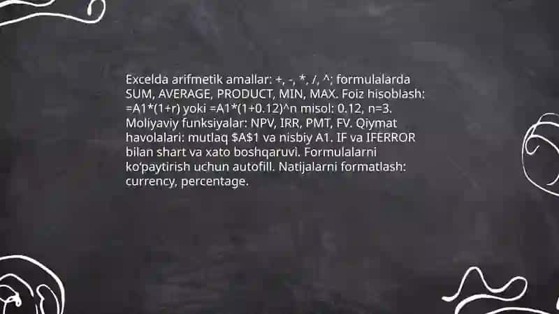MS Excel elektron jadvalida iqtisodiy masalalarni yechish ko‘nikmalarini hosil qilish 4