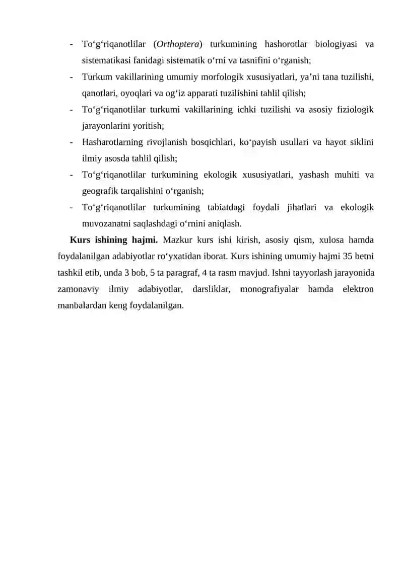 Kurs ishi. Toʻgʻri qanotlilar turkumi vakillari. 4