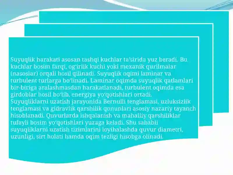 Suyuqliklarni uzatish. Nasoslarning asosiy parametrlari. Proporsionallik qonuni. 4