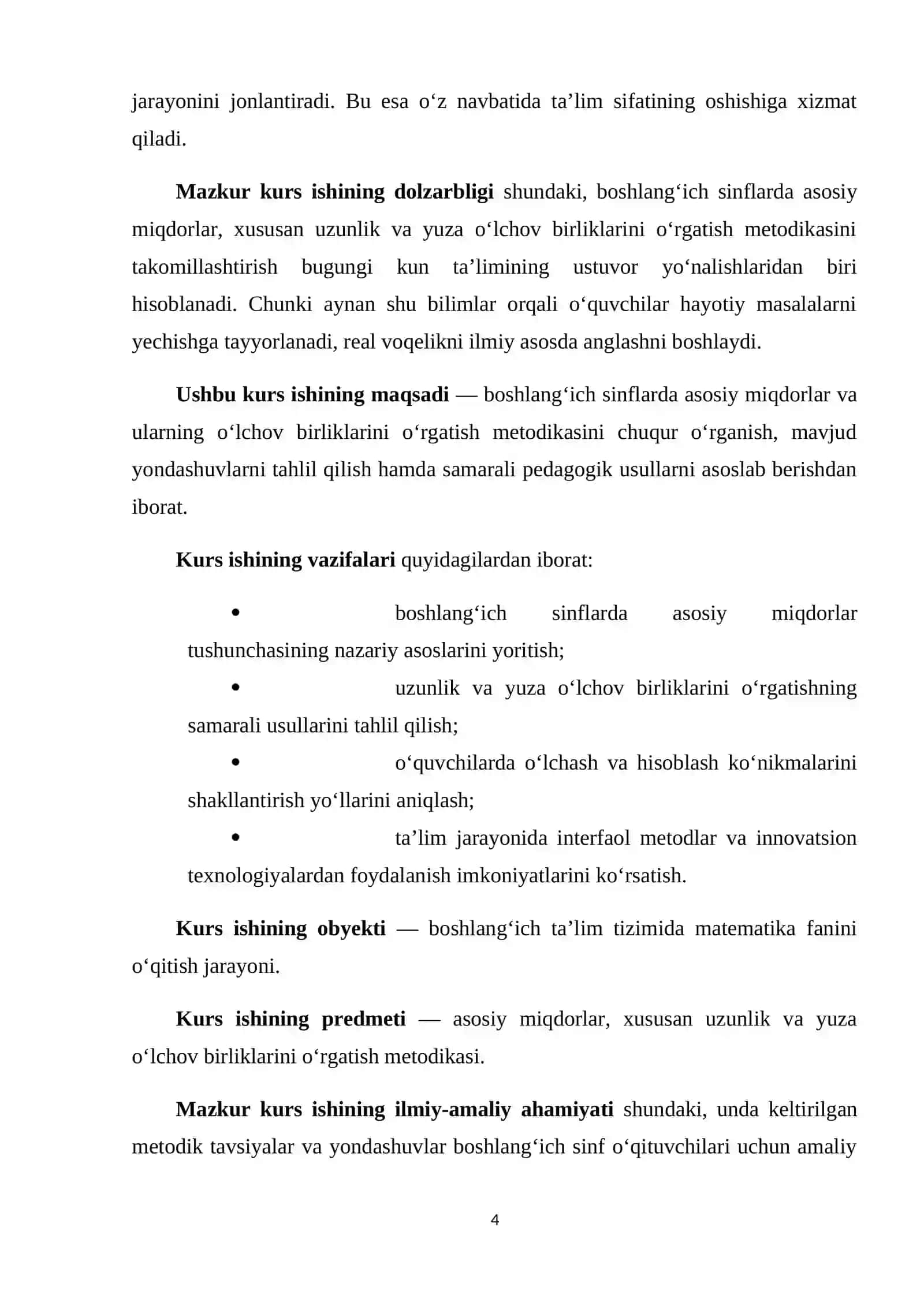 Boshlangʻich sinflarda asosiy miqdorlar va ularni oʻlchov birliklarini oʻrgatish metodikasi. Uzunlik va yuza oʻlchov birliklari 4