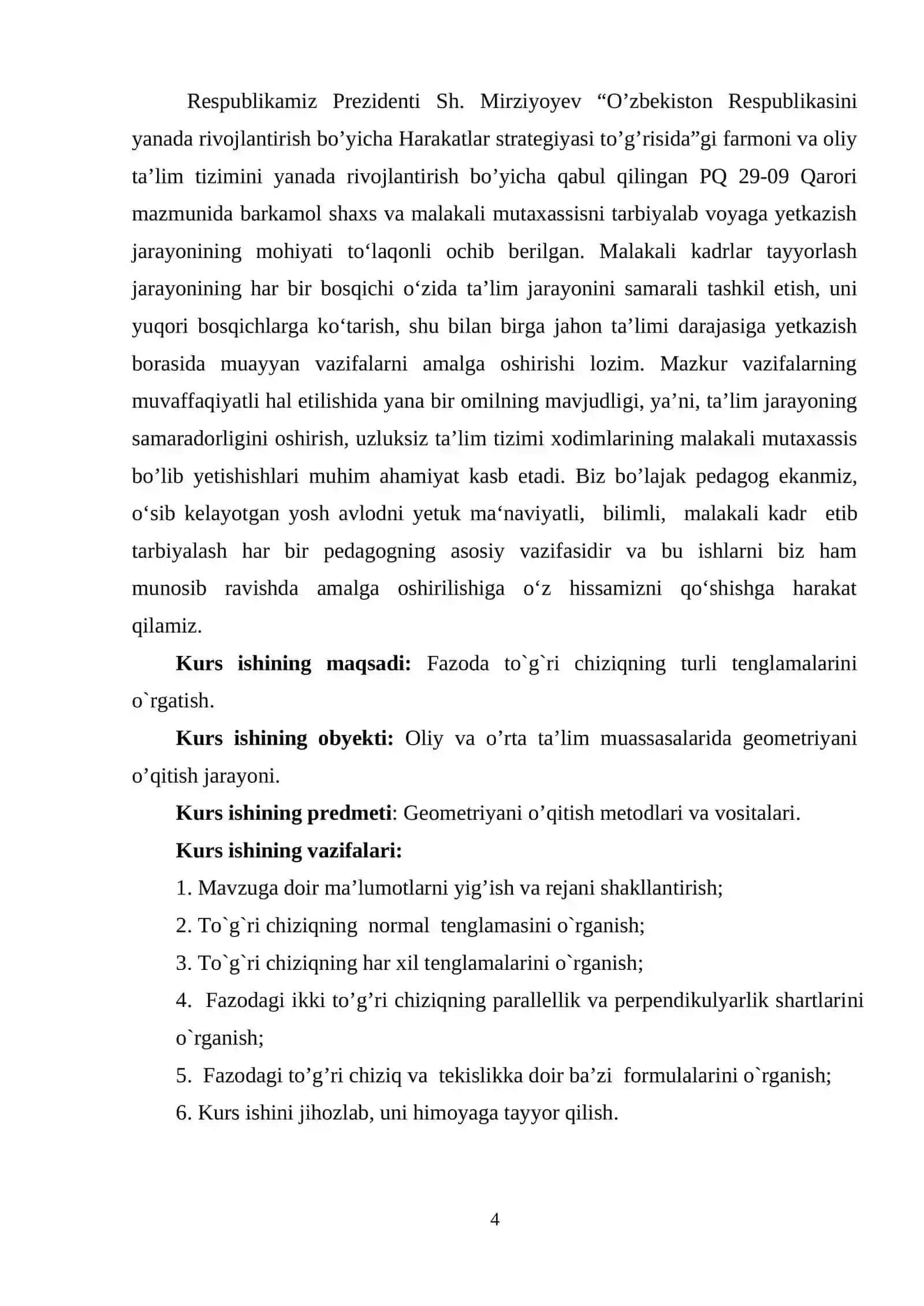 «Fazoda to`g`ri chiziqning turli tenglamalari» mavzudagi KURS ISHI 4