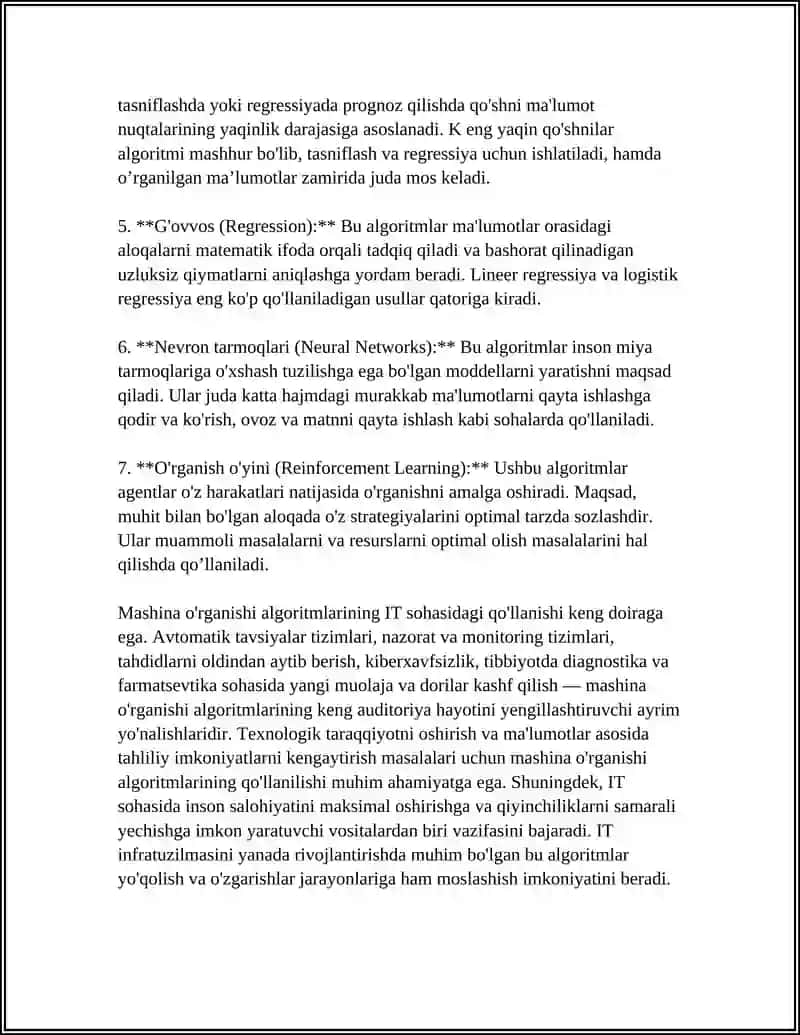 Mashina o'rganishi algoritmlari va ularning ITdagi qo'llanilishi 4