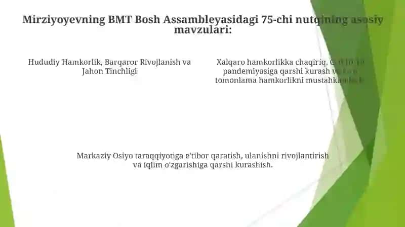 Shavkat Mirziyoyevning BMT Bosh asambleyasining 72 va 75 sessiyalaridagi nutqlari va mazmuni 4