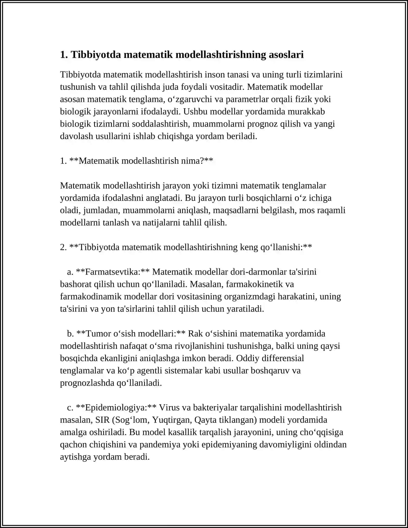 TIBBIYOTDA MATEMATIK MODELLASHTIRISH USLUBLARINI ÒRGANISH. FIZIK VA MATEMATIK MODELLASHTIRISH, OLINGAN NATIJALAR ASOSIDA PROGNOZ QILISH 4