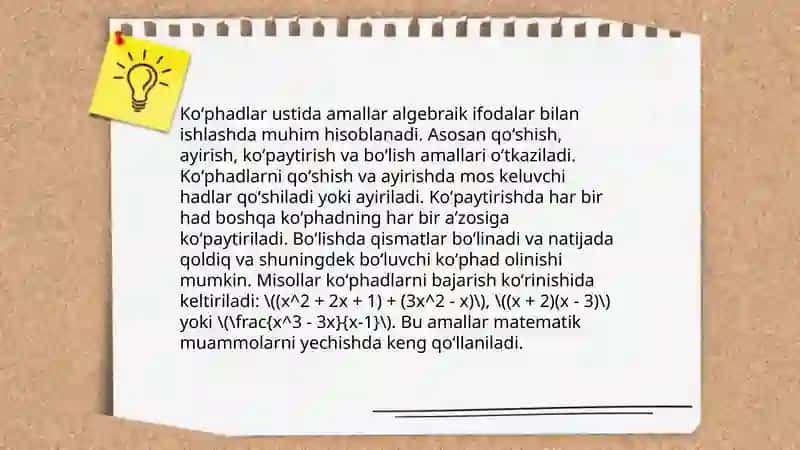 Koʻphadlar. Yevklid algaritmi. Qoldiqli boʻlish. Keltirilmas koʻphadlar. Shahzoda Urolova 4