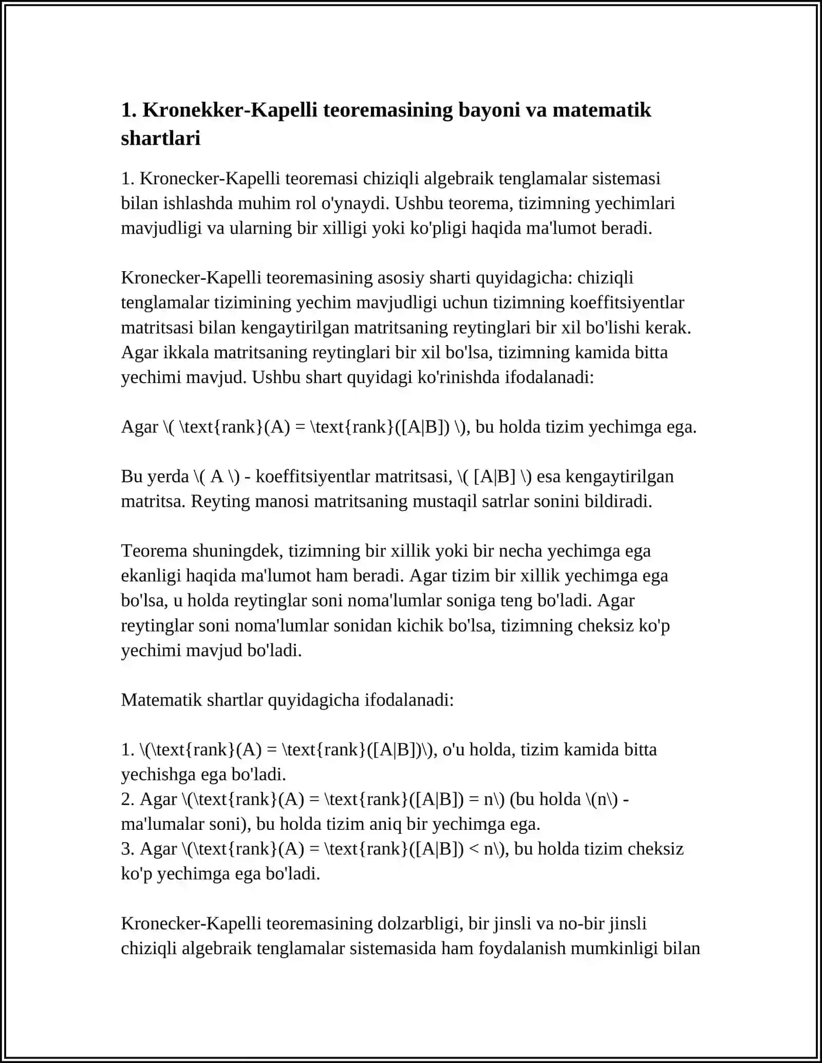 KRONEKKER-KAPELLI TEOREMASI.BIR JINSLI CHIZIQLI ALGEBRAIK TENGLAMALAR SISTEMASI 4