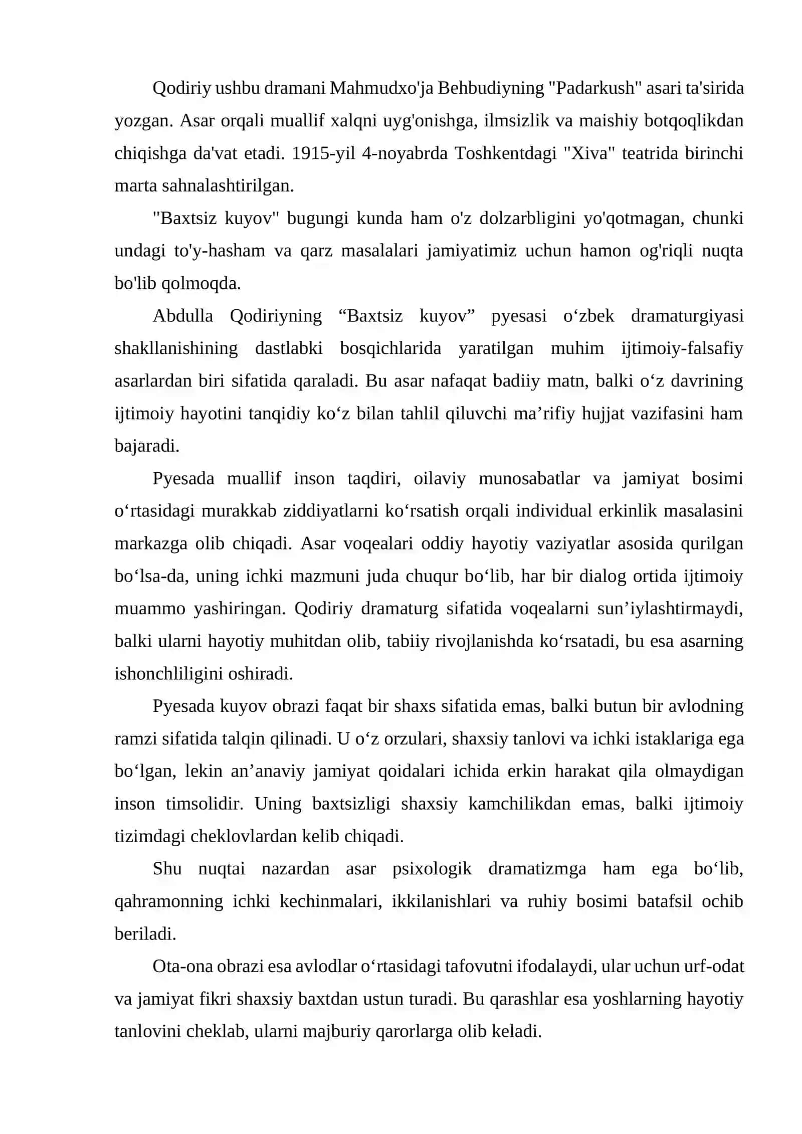 ABDULLA QODIRIYNING BAXTSIZ KUYOV PYESASI TAHLILI 4