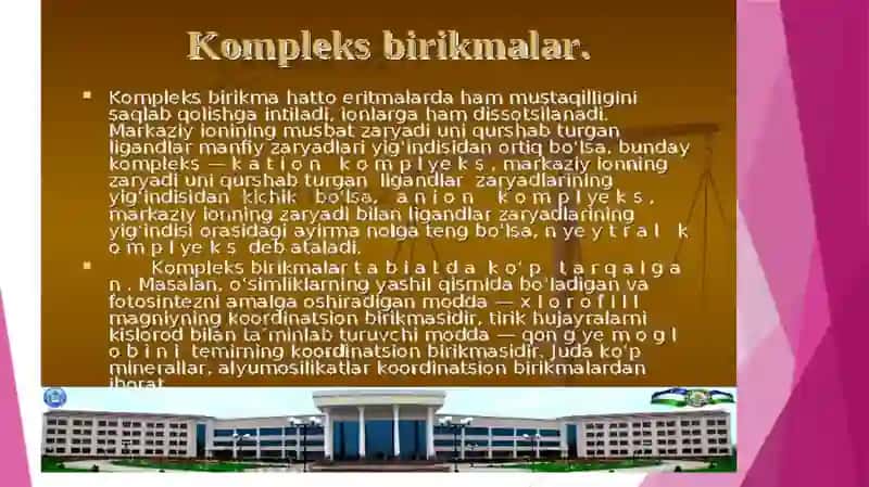 ODDIY VA KO`P YADROLI KOMPLEKSLAR. KLASTERLAR. KOMPLEKS BIRIKMALARNING OLINISH USULLARI. 4