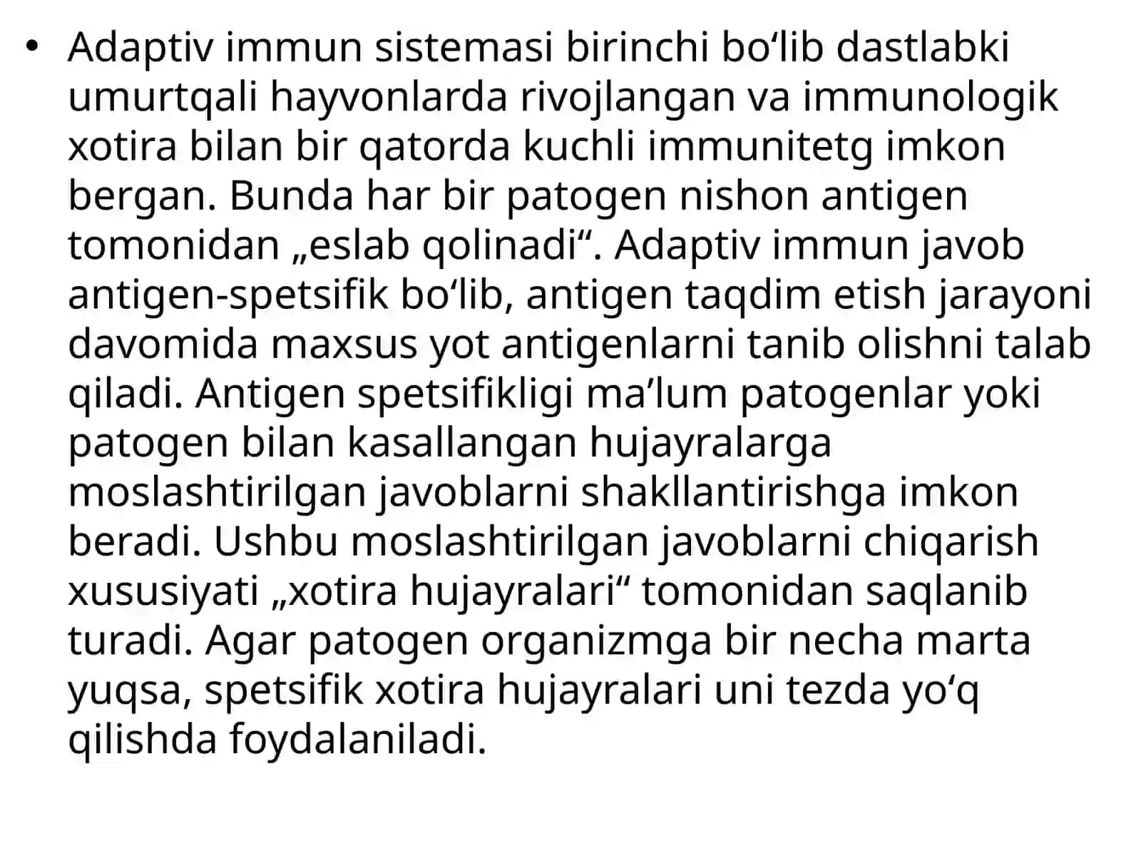 Adaptiv immunitet, shakllanish prinsiplari. Hujayraviy va humoral tipdagi immun reaksiyalar, mexanizmlari. Immunitetga baho berish usullari. Immunoprofilaktika 4