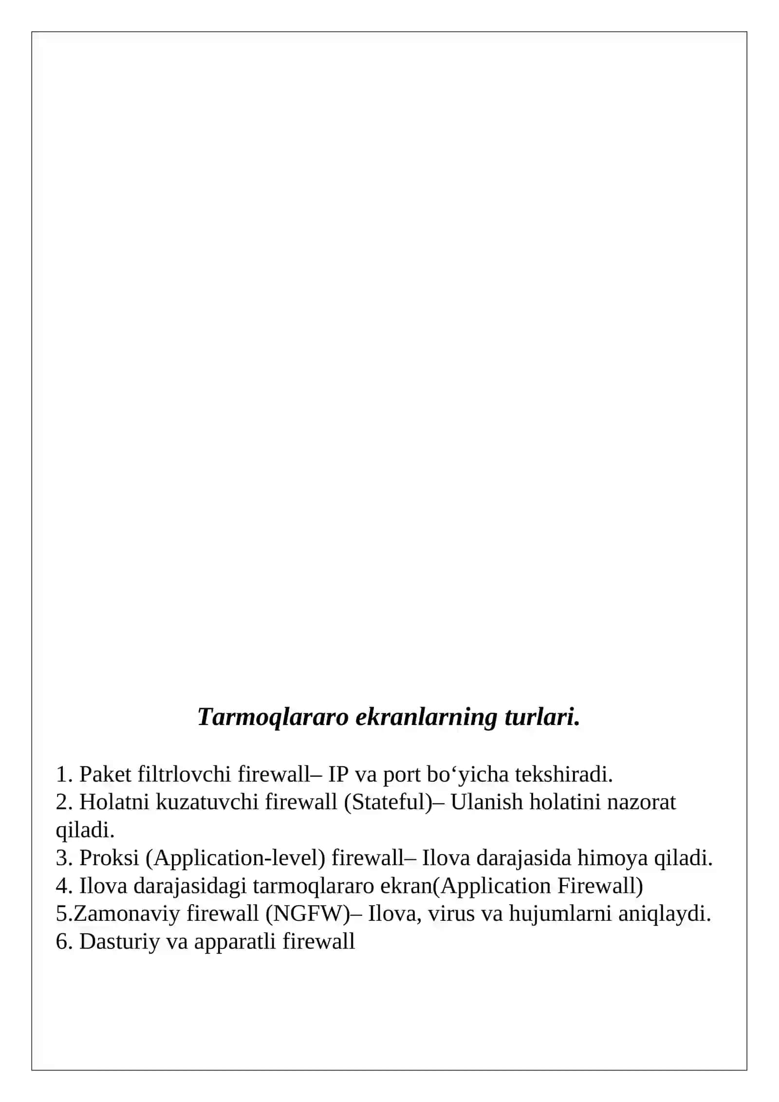 Tarmoqlararo ekranlarning turlari va funksiyalari hamda zamonaviy firewall’larning imkoniyatlari 4