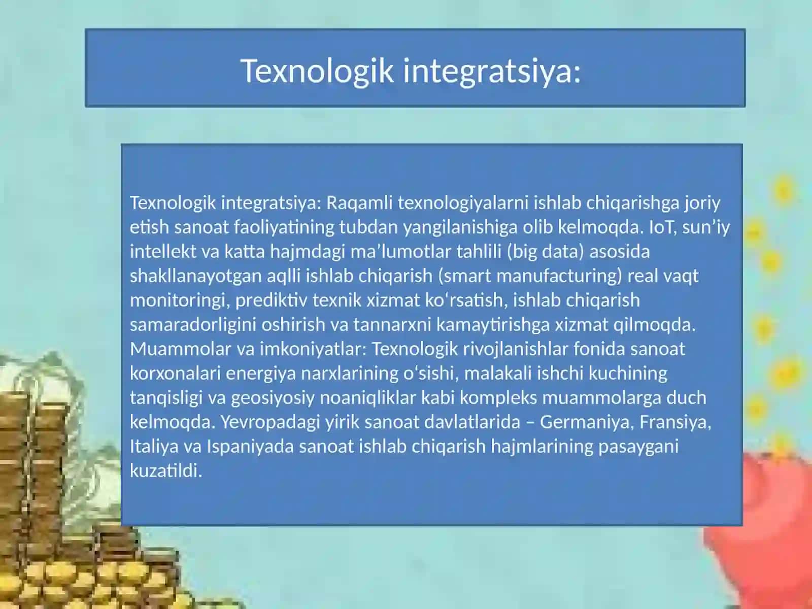 Zamonaviy sanoat muhitiga keskin texnologik yuksalishlar va geosiyesi o‘zgarishlari bilan xarakterlanayotgan bir davrda sanoat korxonalarining raqobatbardoshligini ta’minlash dolzarb masalaga aylandi 4