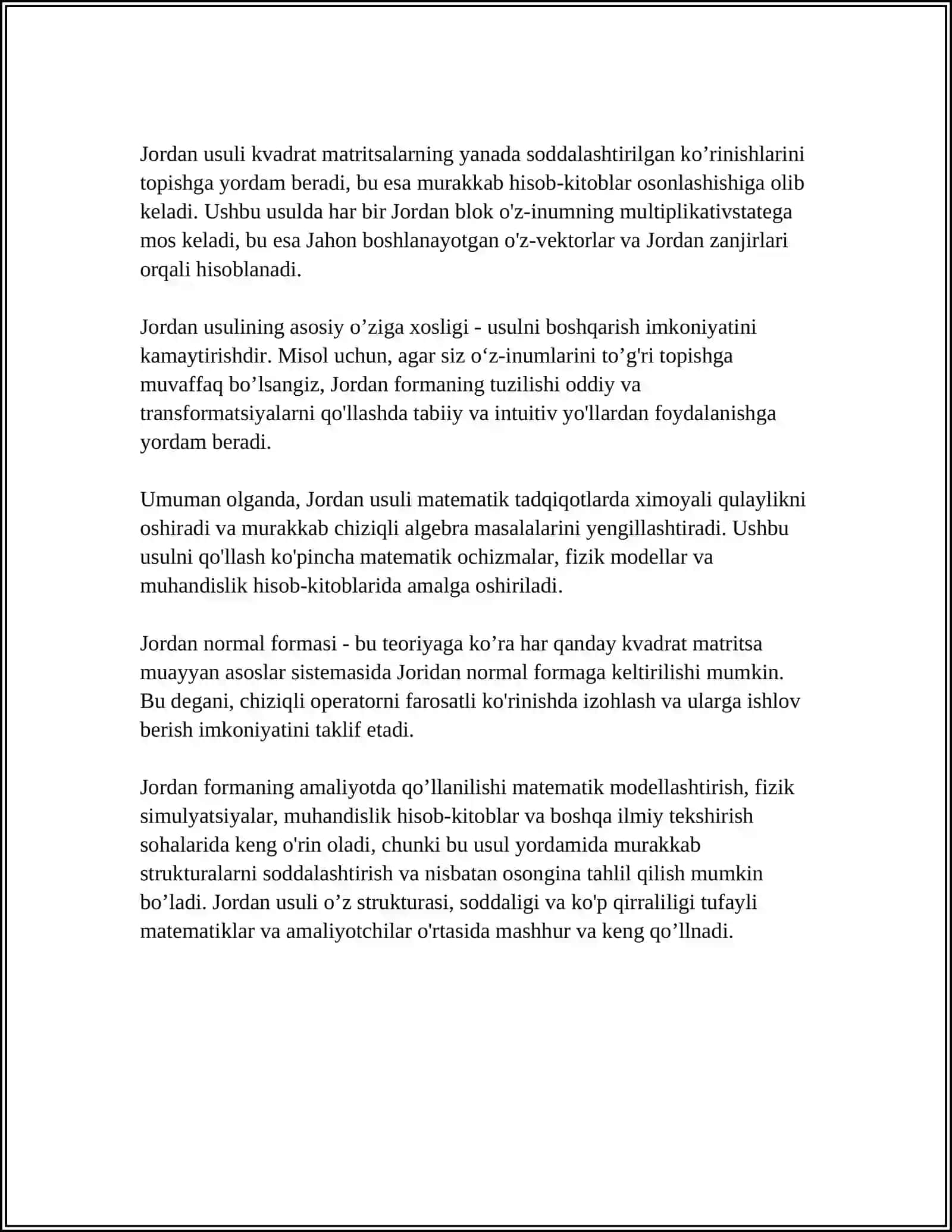 CHIZIQLI TENGLAMALAR SISTEMASINI YESHISHNING JORDAN USULI 4