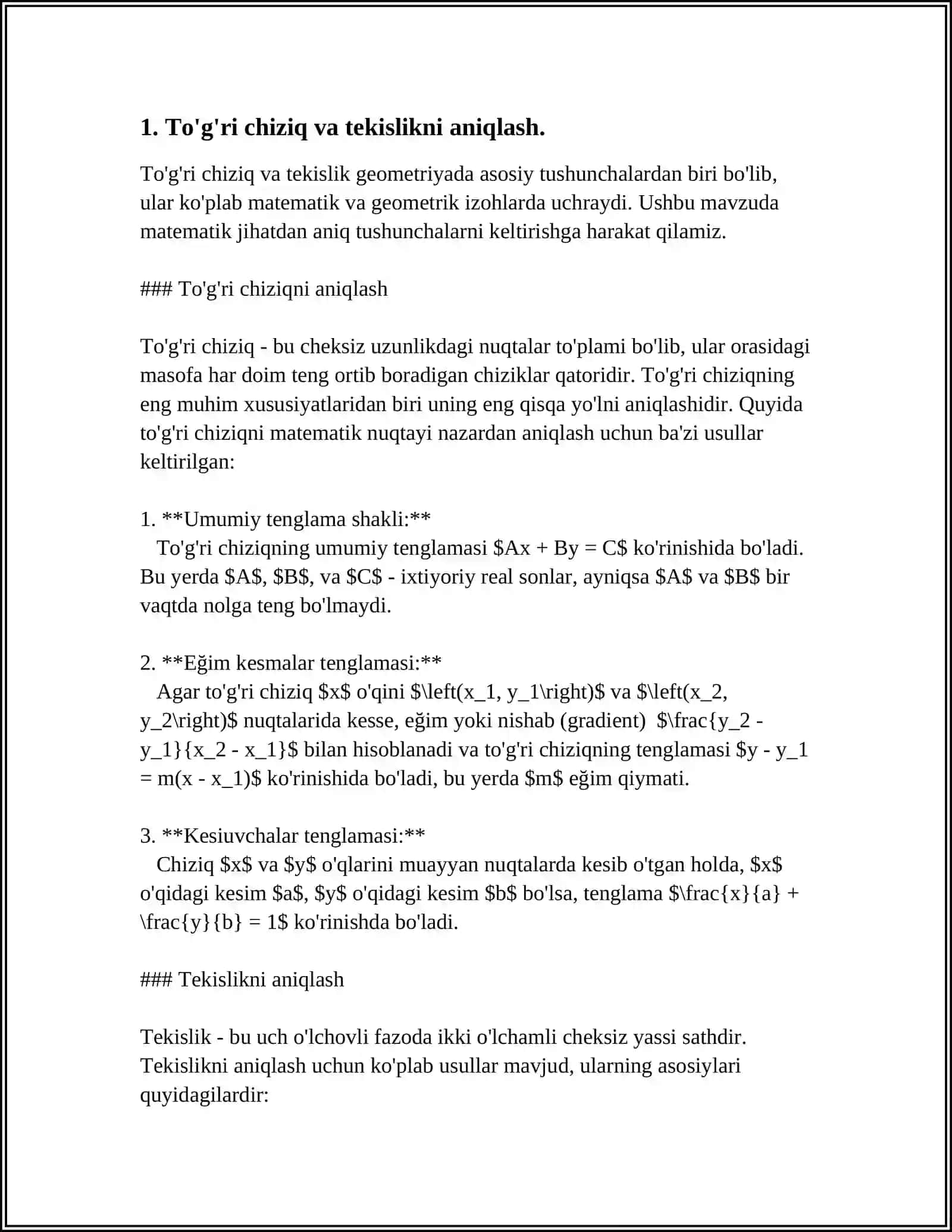 TURĞRI CHIZIQNI TEKISLIK BILAN KESISHGAN NUQTASINI ANIQLASH.NUQTADAN TEKKISLIKKACHA BILGAN ENG QISQA MASOFANI ANIQLASH 4