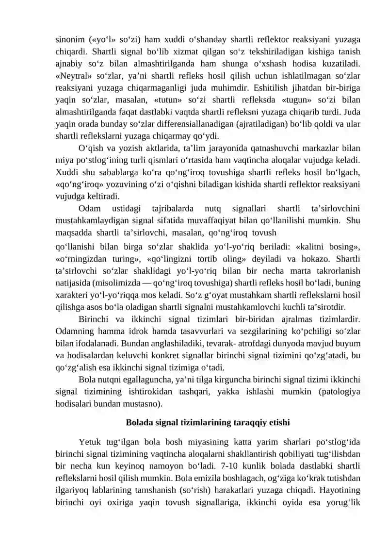 OLIY NERV FAOLIYATINING YOSHLIK XUSUSIYATLARI. BIRINCHI VA IKKINCHI SIGNAL SISTEMALARI 4