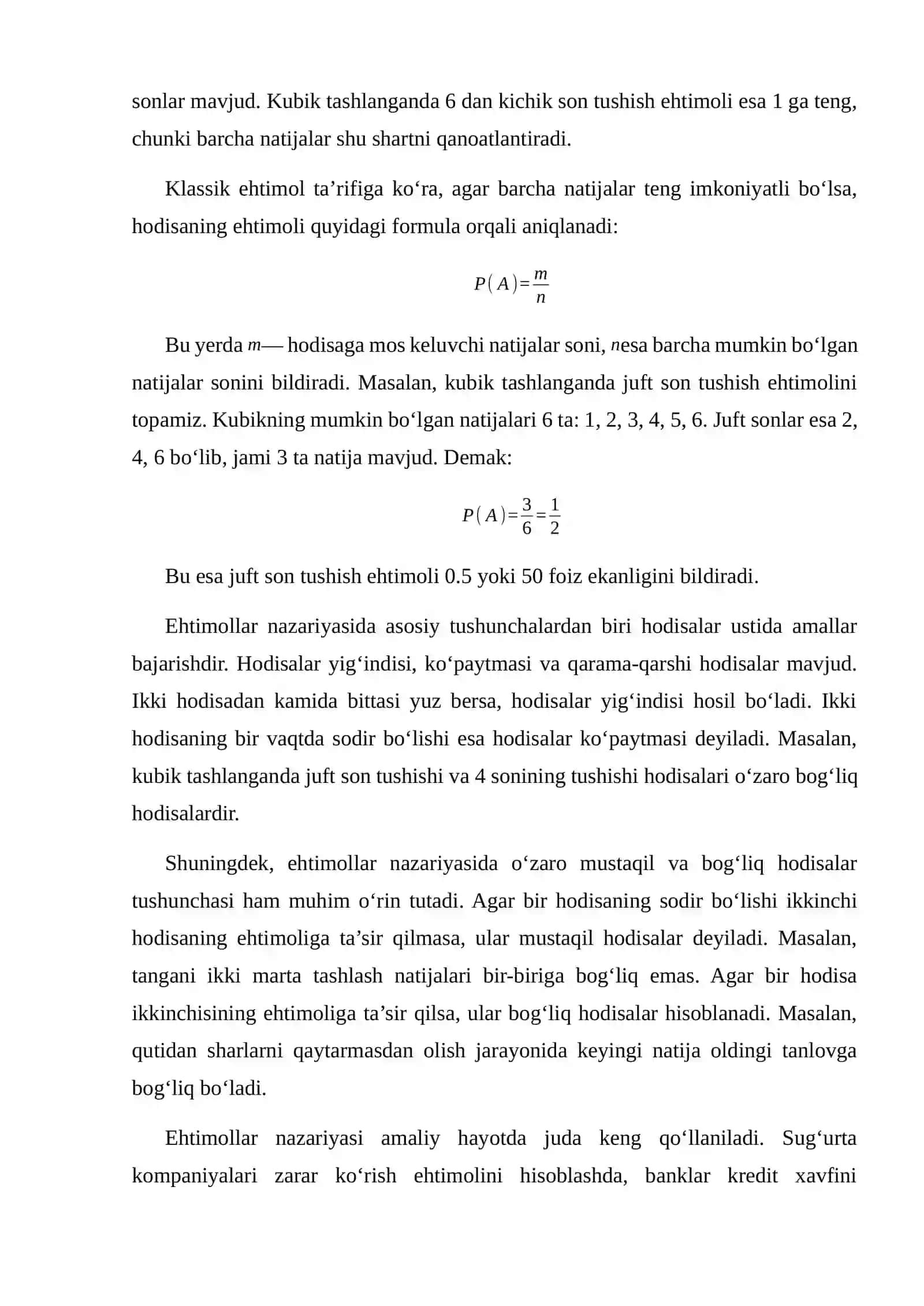 EHTIMOLLARNI QO‘SHISH VA KO‘PAYTIRISH TEOREMALARI. TO‘LA EHTIMOLLIK VA BAYES FORMULALARI 4
