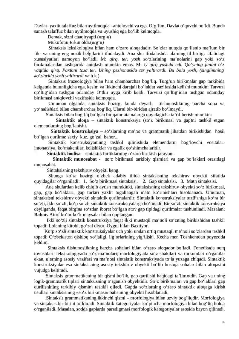 HOZIRGI O‘ZBEK ADABIY TILI (sintaksis) fanidan II bosqich, III semestr uchun o‘quv-uslubiy majmua 4