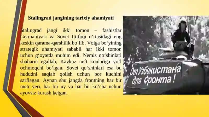 O‘zbekistonlik jangchilarning Stalingrad shaxridagi korsatgan jasorati va ulardan kutilgan vazifalar 4