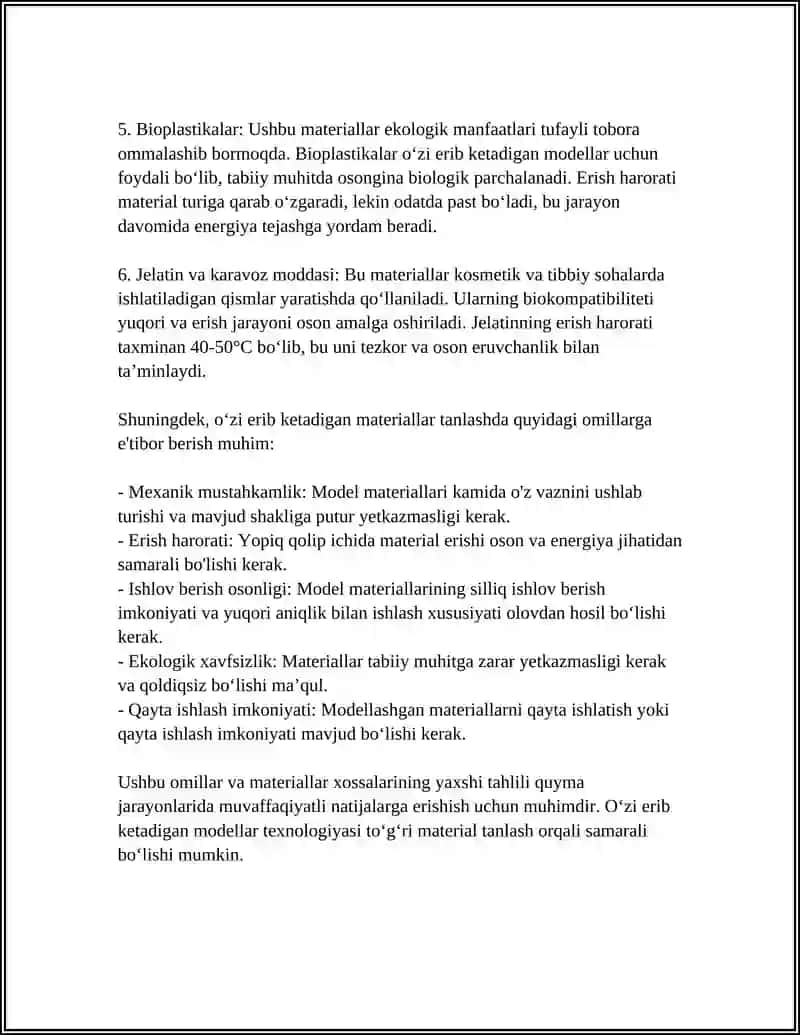 OʻZI ERIB KETADIGAN MODELLAR BOʻYICHA QUYISH TEXNOLOGIYASINI TANLASH VA XISOBLASH 4