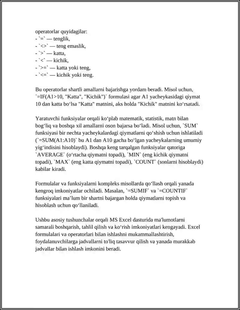 MS EXCEL JADVAL MUXARRIRIDA FORMULALAR STANDART FUNKSIYALAR 4