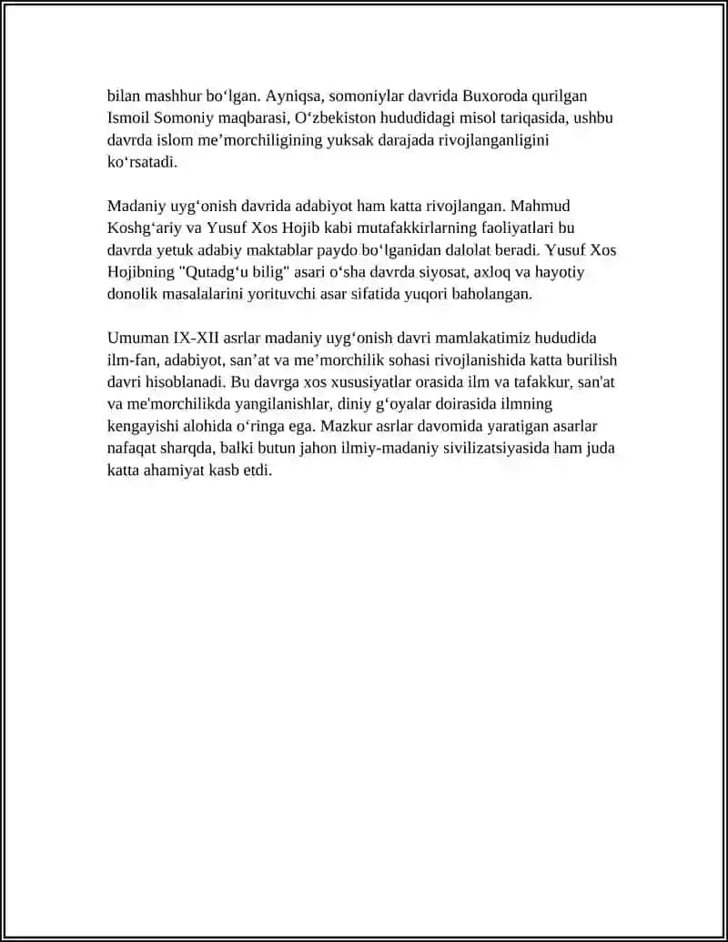 IX-XII ASRLARDA MAMLAKATIMIZ HUDUDIDA ROʻY BERGAN MA'DANIY UYGʻONISH. BUYUK ALLOMALARNING JAHON SIVILIZATSIYASIGA QOʻSHGAN HISSASI 4