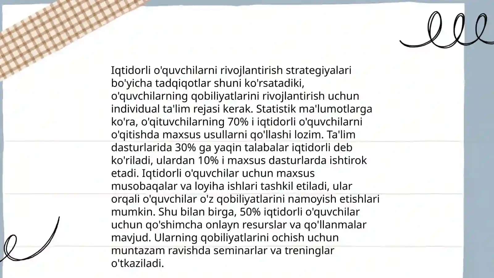 Taʼlim olganlikni tashxis etish. Iqtidorli oʻquvchilarni oʻqitish 4