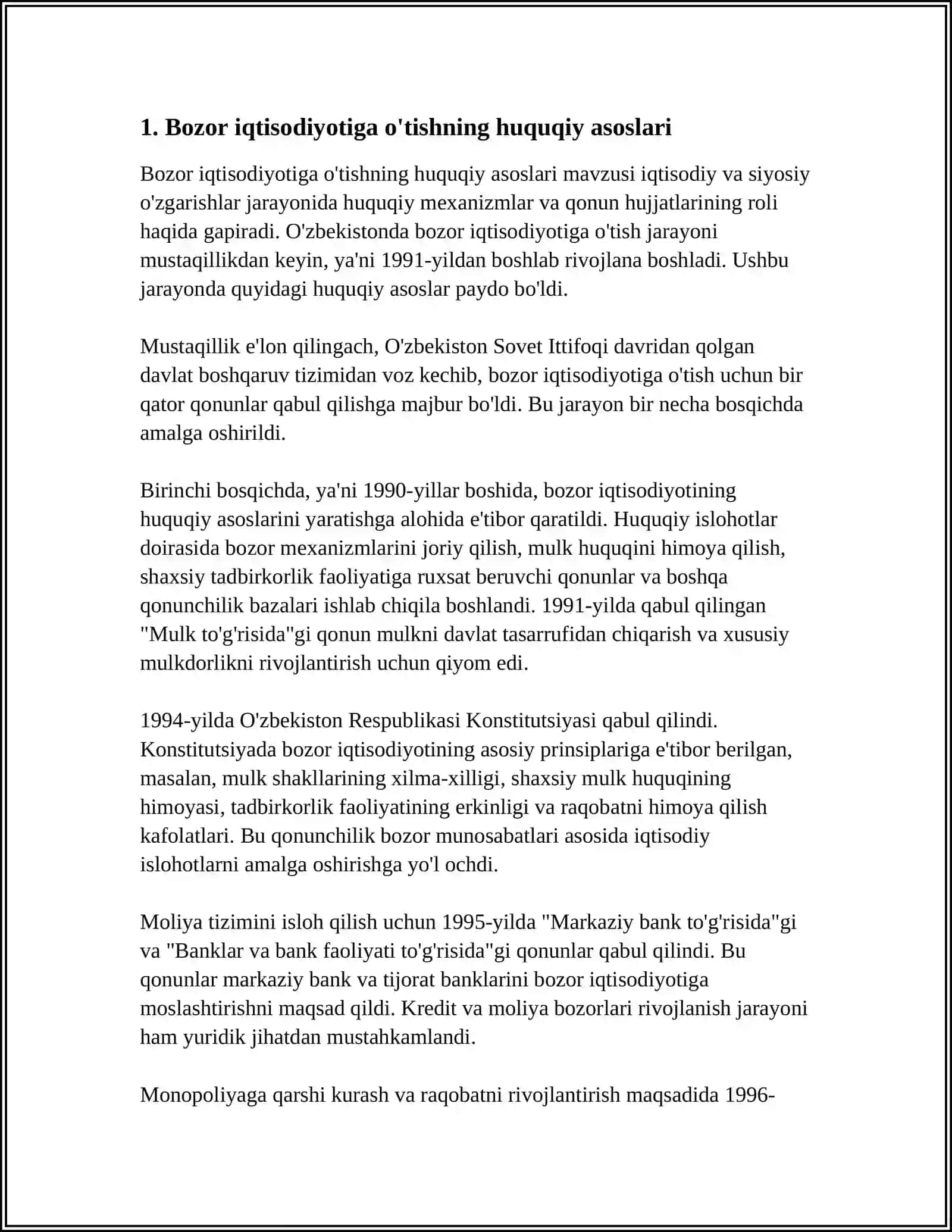 O‘zbekistonda bozor iqtisodiyotiga o‘tishning xususiyatlari va bozor islohotlarini amalga oshirishda taraqqiyot strategiyasining ahamiyati 4