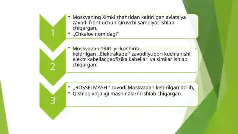 II Jahon urushi yillarda O’zbekistonga ko’chirib keltirilgan sanoat korxonalari 4