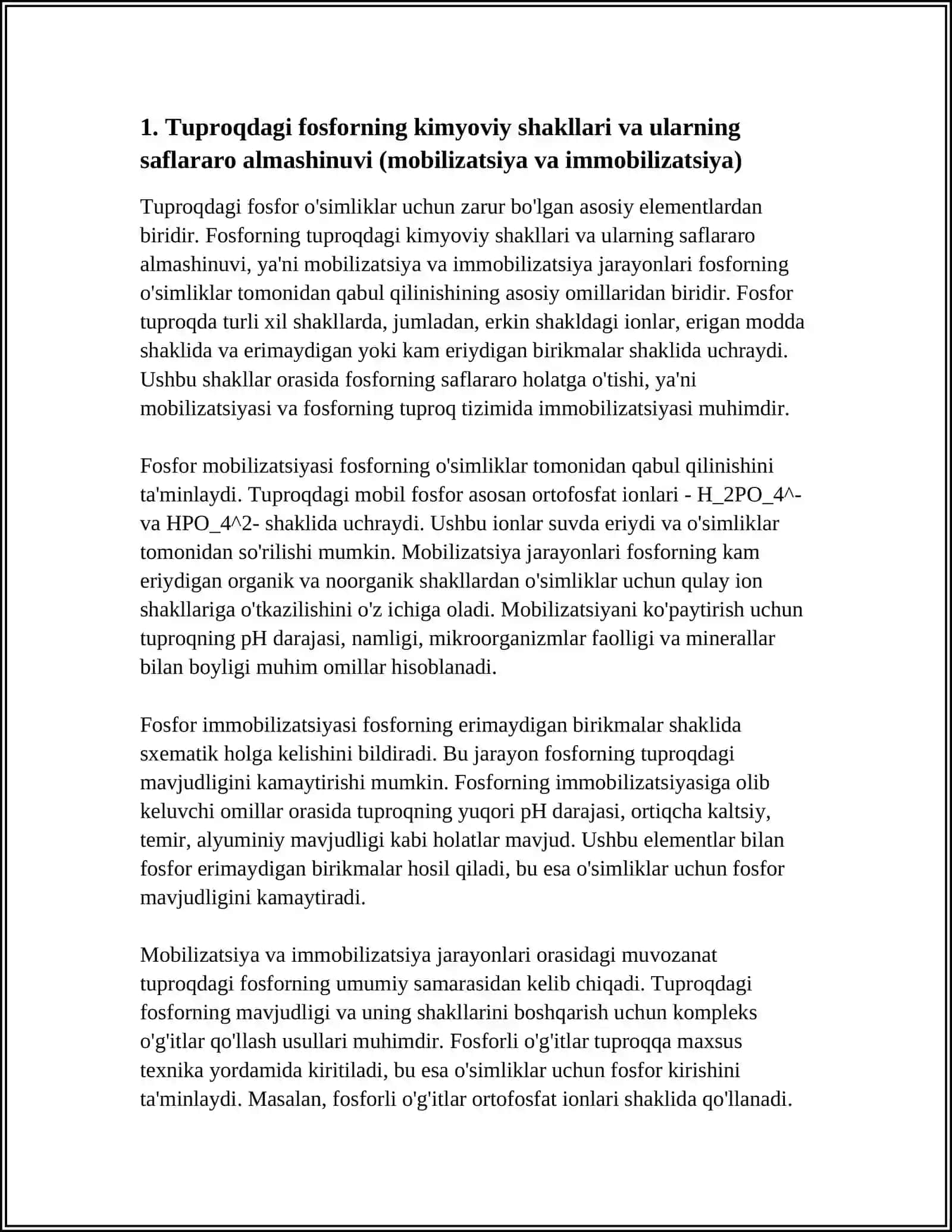 4-TUPROQ TARKIBIDAGI FOSFORNING SAFLARARO XOLATGA O'TISHI (MOBILIZATSIYA) VA MUQIMLANISHI (IMMOBILIZATSIYA), KOMPLEKS O'G'ITLARNI QO'LLASH USULLARI, MIKROELEMENTLARNING O'SIMLIKLAR XAYOTIDAGI AHAMIYATI, QO'LLANILISHI 4