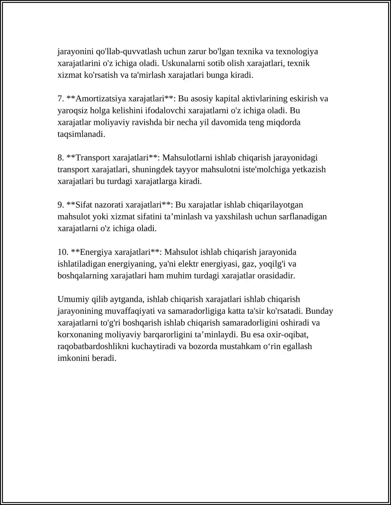 MUSTAQIL ISH Mavzu: ISHLAB CHIQARISH XARAJATLARI VA ULARNI KOʻPAYTIRISH YOʻLLARI 4