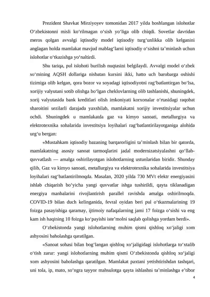 Uzbekistonda iqtisodiyotni rivojlantirish va liberallashtirishning ustuvor yo’nalishlari 4