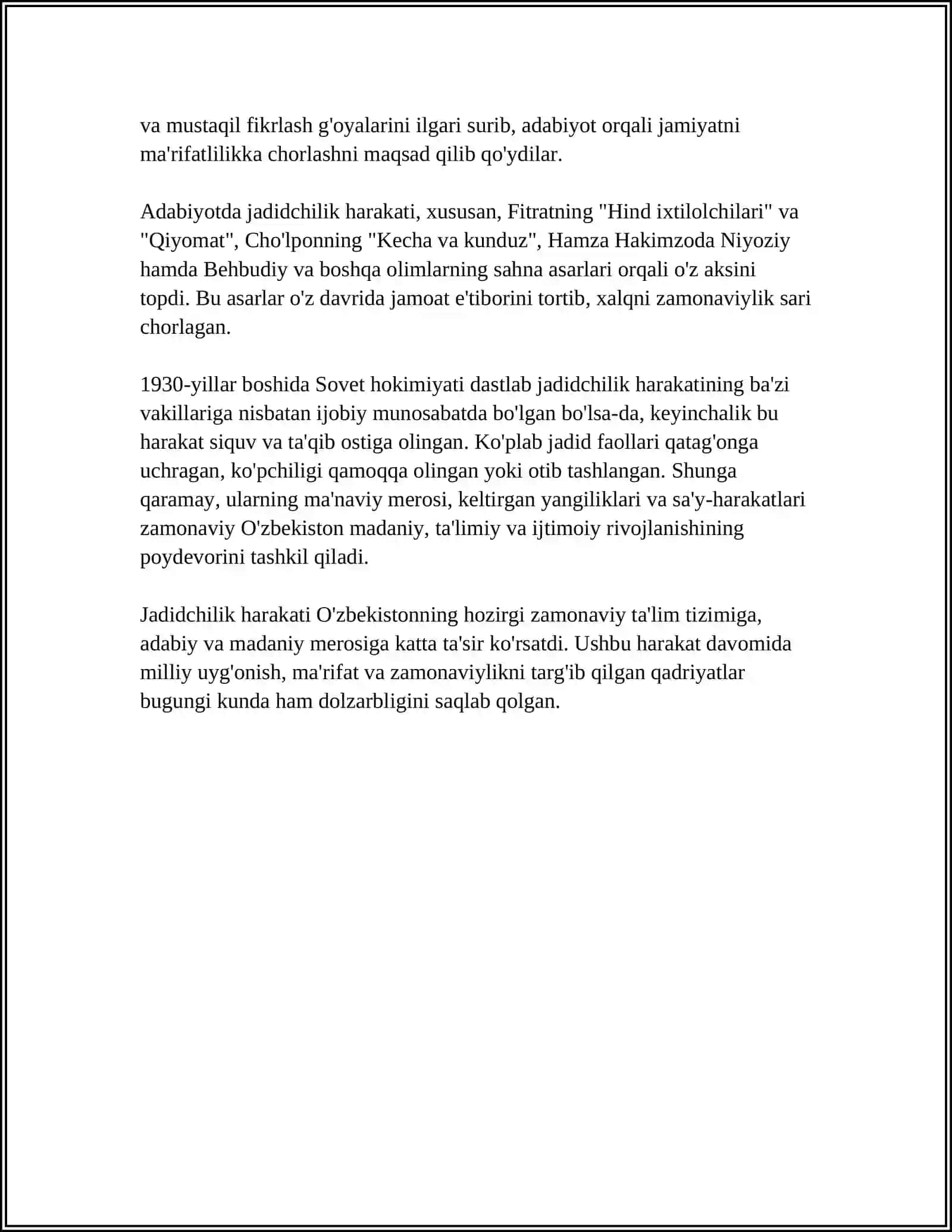 JADID MA’RIFATPARVARLARINING O’LKA HAYOTIDA TUTGAN O’RNI ( MUNAVVAR QORI, FITRAT, BEHBUDIY, AVLONIY, CHO’LPON VA BOSHQALAR) 4